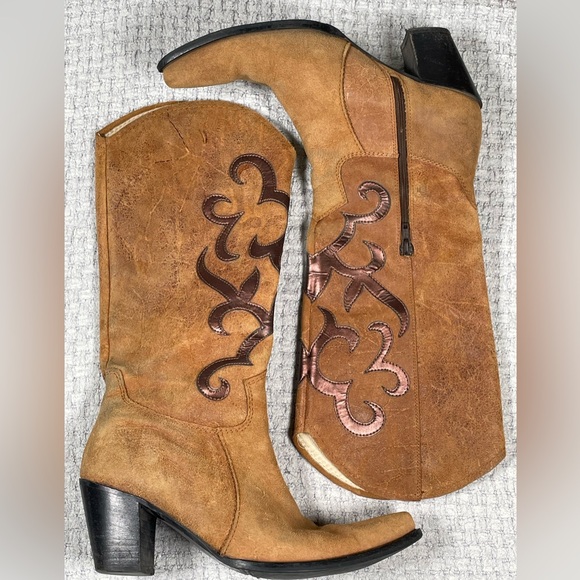 Vtg Nine West Brown Hippie Boho Western Cowboy Pull On Leather Boots Size 38 - Picture 2 of 14